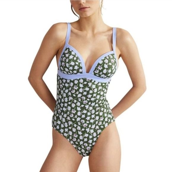 Boden Other - Boden One Piece‎ Swimsuit Women 14 Green Floral V-Neck Adjustable Straps Preppy